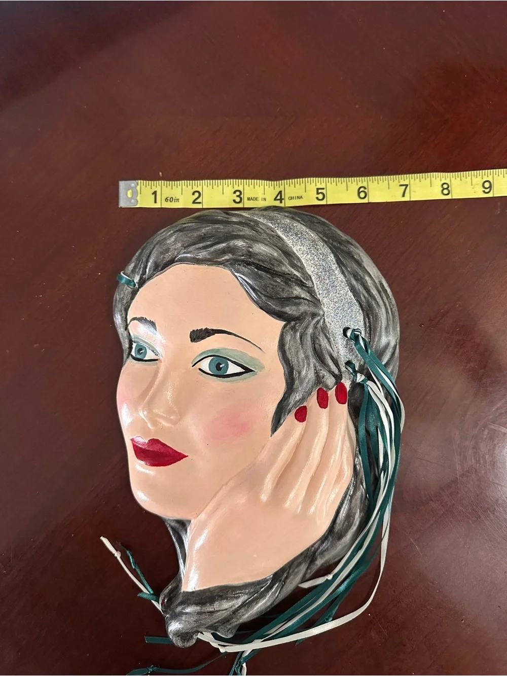 Vintage ceramic glamor girl with hat mask wall hanging 1980s art deco revival